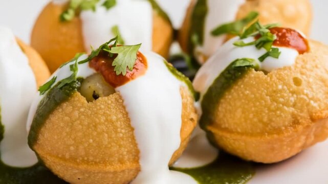 Close up view of tempting dahi puri indian street food snack topped with yogurt and chutney