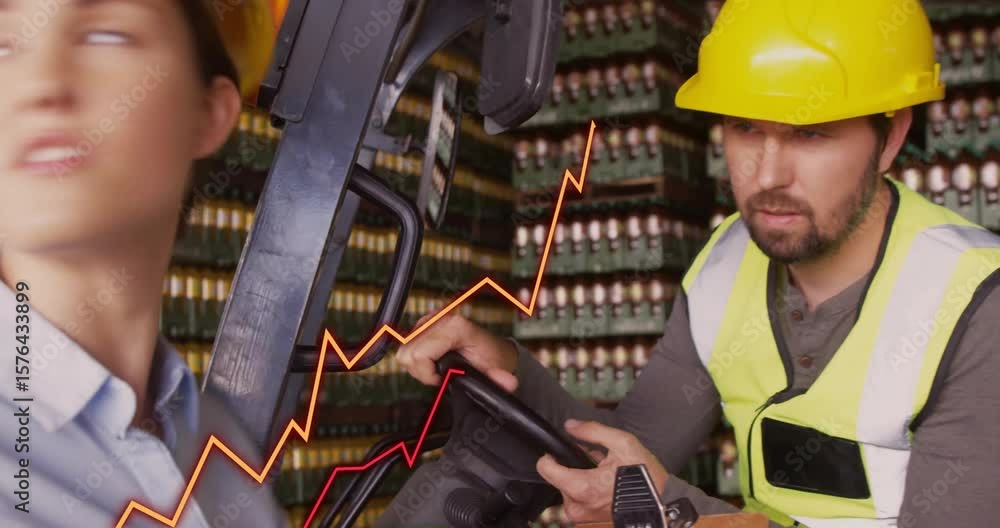 Poster warehouse supervisor inspecting clipboard pointing pallet guiding forklift operator lifting crates