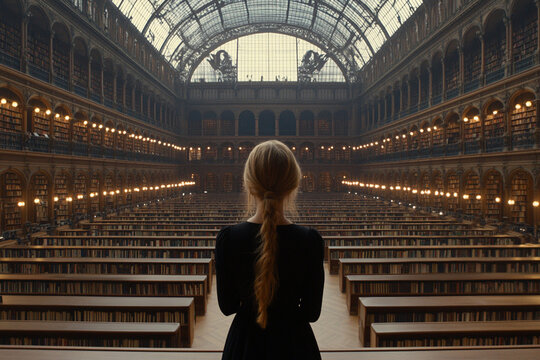Student studies quietly in a vast library filled with books