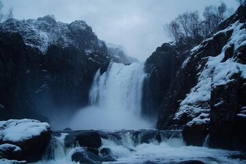 Waterfall cascading through rocky landscape in winter twilight