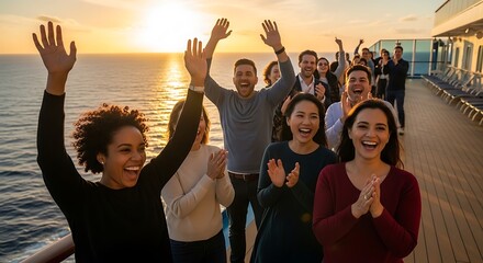 Diverse group of happy people celebrating and waving on a cruise ship deck at sunset with the ocean in the background