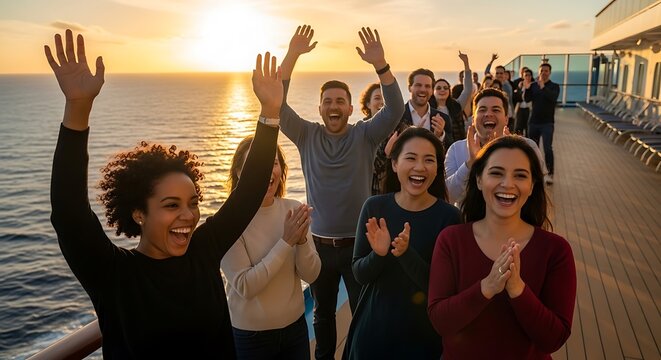 Diverse group of happy people celebrating and waving on a cruise ship deck at sunset with the ocean in the background