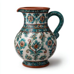 Ornate ceramic pitcher with floral pattern and green handle isolated on white background