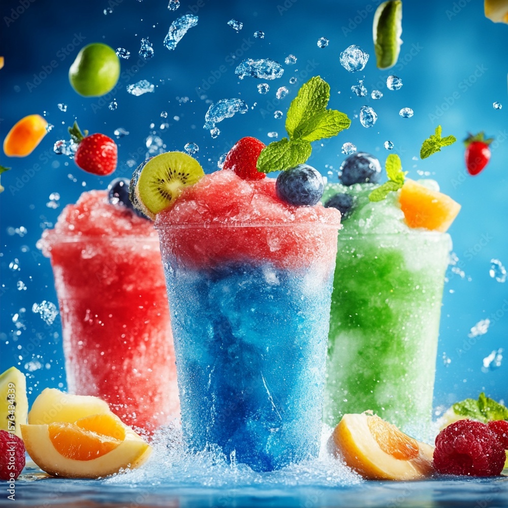 Aufkleber refreshing summer smoothies splash with vibrant fruits, creating a cool and dynamic drink compositio