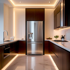 modern kitchen interior with sink and fridge