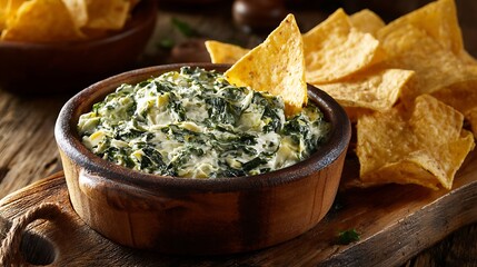 A bowl of creamy spinach artichoke dip with crisp tortilla chips on the side