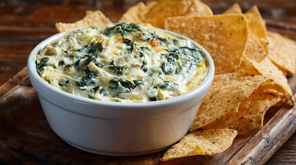 A bowl of creamy spinach artichoke dip with crisp tortilla chips on the side