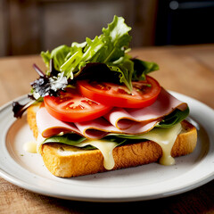 Bruschetta with tomato, ham, cheese and lettuce.