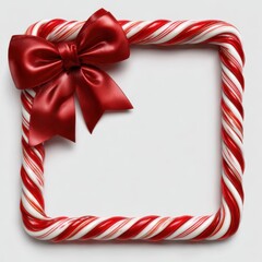 Festive red bow adorns a square candy cane frame isolated on white background