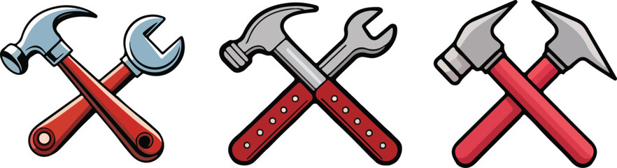 Cartoon Hammer and Wrench Crossed Tools Vector Illustration. Construction and Repair Icon for Mechanic, Workshop, and Handyman Design