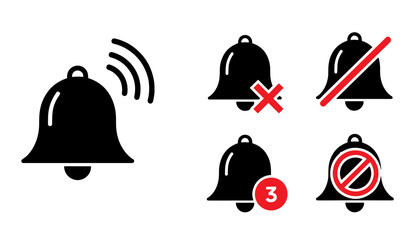 Vector collection of black bell icons with red notification badges, mute symbols, and vibration marks on white background