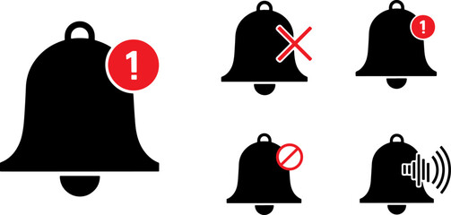 Vector collection of black bell icons with red notification badges, mute symbols, and vibration marks on white background