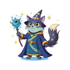 Magical Wizard Cat Casting Sparkly Fish Spells Vector Illustration. Cute Fantasy Feline Character with Wand and Stars on White Background for Fun Art and Merchandise. 