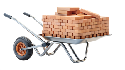 A silver wheelbarrow loaded with a substantial pile of red bricks, isolated on a transparent background