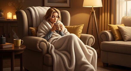 Obraz premium Woman wrapped in a blanket, sitting in an armchair, holding a mug in a cozy, warm living room.