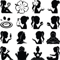 Spa Girl with Towel Silhouette – Beauty & Relaxation Icon Set Wellness Spa Female Icon – Towel Wrap Silhouette Vector Design