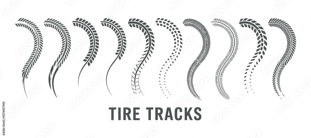 Poster various tire tracks in gray color on white background different types of vehicle tire tracks vector 