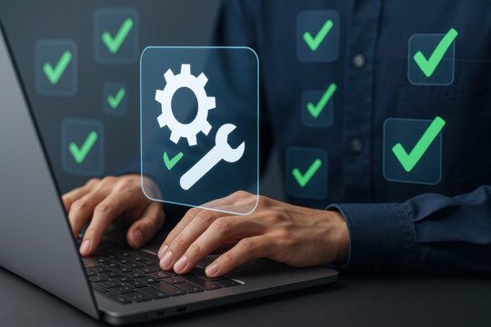 Technical task done: A person works on a laptop with digital symbols of settings on a digital interface, emphasizing a successful task completion.