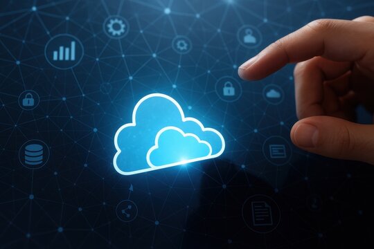 Cloud Computing Technology: A hand interacts with a digital screen displaying a cloud computing icon, symbolizing data storage, networking, and accessibility. 