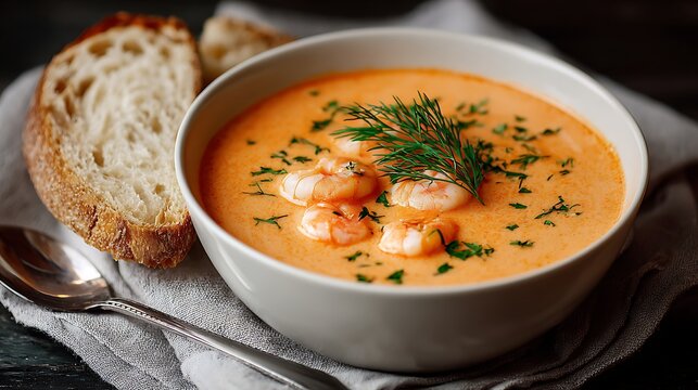 A bowl of creamy shrimp bisque served with a slice of crusty bread 