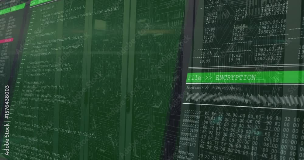 Poster overlay sweeping patterned racks monitoring encryption: code scrolling waveform pulsing hex dumping