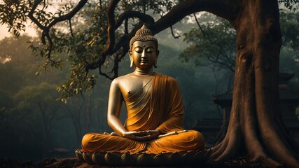 Golden Buddha Statue Meditating in a Sacred Temple Garden