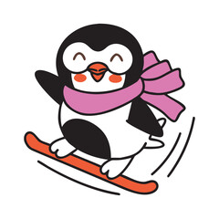 Penguin Skiing Down Snowy Hill Vector