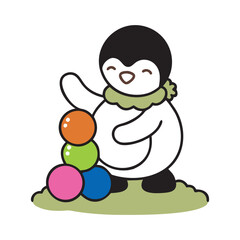 Penguin Playing With Stacked Snowballs Illustration