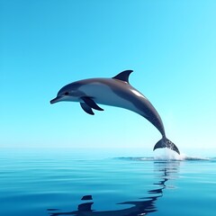 Single dolphin leaping from turquoise ocean under clear blue sky