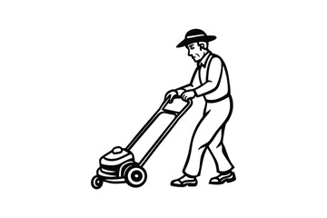 Man Mowing Lawn with Push Mower in Black and White Silhouette Style Illustration Depicting Yard Work and Lawn Care Tasks silhouette
