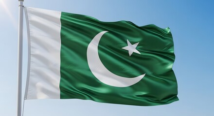 Pakistan's flag billows proudly against a clear blue sky.