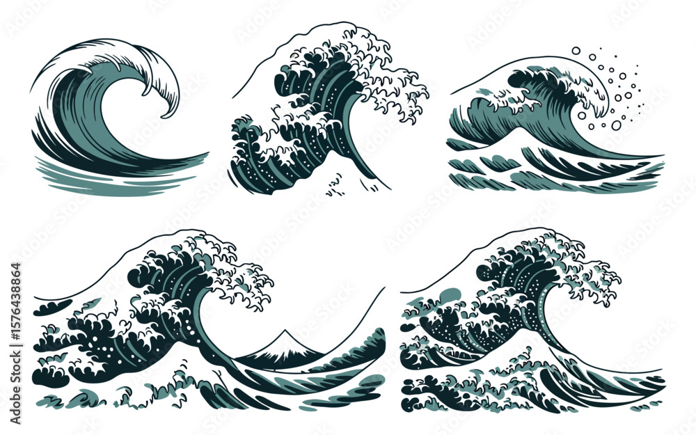 Aufkleber collection of japanese style ocean wave illustrations with different wave shapes and sizes on a whit