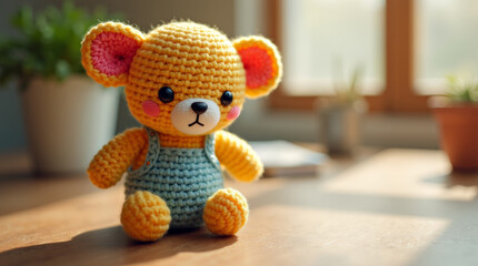Yellow amigurumi bear in a blue jumpsuit, Soft knitted toy bear handmade