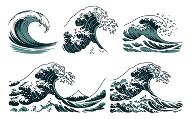 Obraz premium Collection of Japanese Style Ocean Wave Illustrations with Different Wave Shapes and Sizes on a White Background Perfect for Design Projects