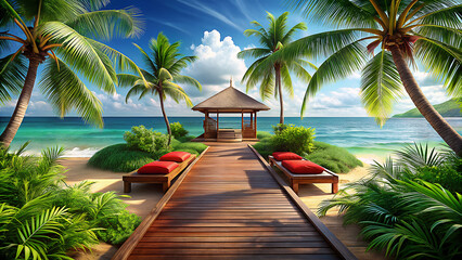 Fototapeta premium Tropical resort beach with palm trees, blue sky, and clear ocean water, a perfect island paradise vacation