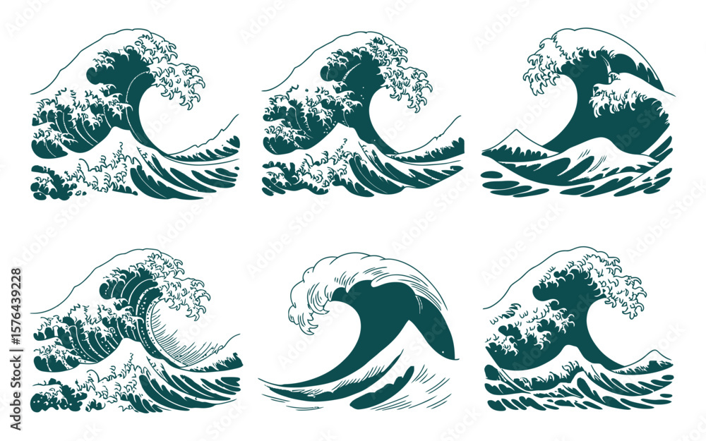 Poster set of six hand drawn ocean wave illustrations in dark teal on a white background for design element