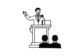 Fototapeta premium Public Speaker Giving a Speech to an Audience Standing at a Podium Illustrated in Silhouette