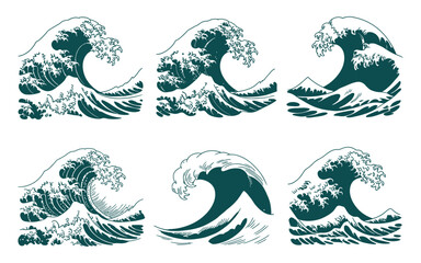 Fototapeta premium Set of Six Hand Drawn Ocean Wave Illustrations in Dark Teal on a White Background for Design Elements and Patterns