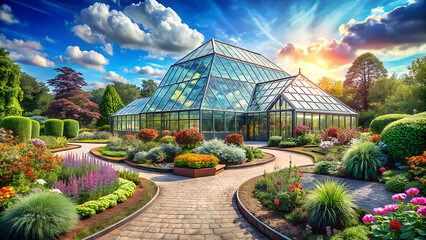 Obraz premium City park garden with a glasshouse, fostering nature's horticulture and agriculture under the summer sky