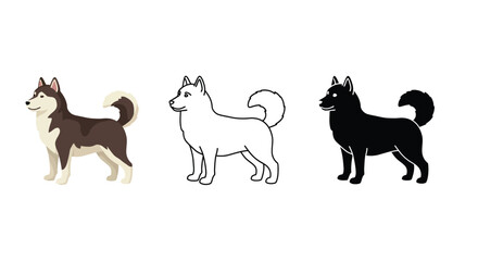 Three Dog Illustrations Brown Outline and Black Silhouette on a White Background
