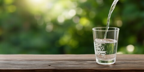 Clear refreshing water being poured into glass on a wooden table outdoors