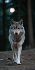 Obraz premium Majestic grey wolf in forest at dusk with full moon