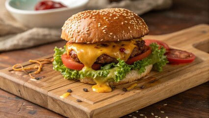Delicious Cheeseburger on Wooden Board A mouthwatering image of a fresh and juicy cheeseburger, perfect for food blogs and restaurant promotions.