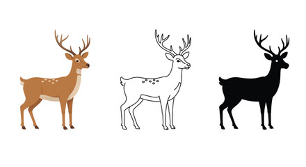 Deer Illustration Set Color Outline and Silhouette of a Spotted Deer