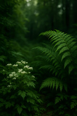 Mystical forest landscape with ferns and wild flowers, vertical template with green plants