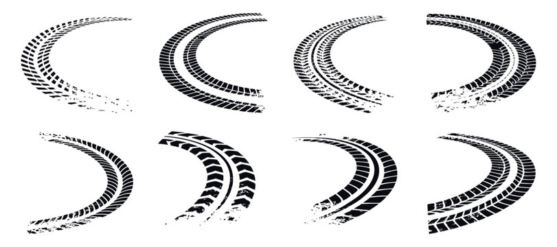 Set of Four Different Tire Tracks Isolated on White Background Perfect for Automotive Racing or Off Roading Themed Designs and Creative Projects