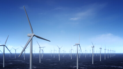 Offshore wind turbines standing in calm sea, representing clean energy, sustainability, and modern...