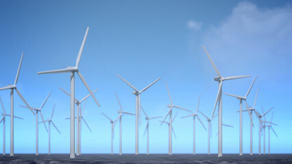 Offshore wind turbines standing in calm sea, representing clean energy, sustainability, and modern...