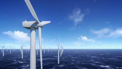 Offshore wind turbines standing in calm sea, representing clean energy, sustainability, and modern...