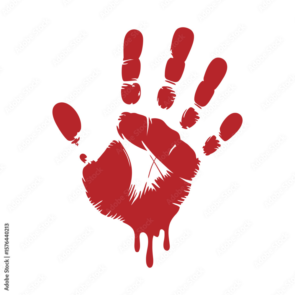 Poster red handprint with dripping paint isolated on white background symbolizing danger crime scene or war
